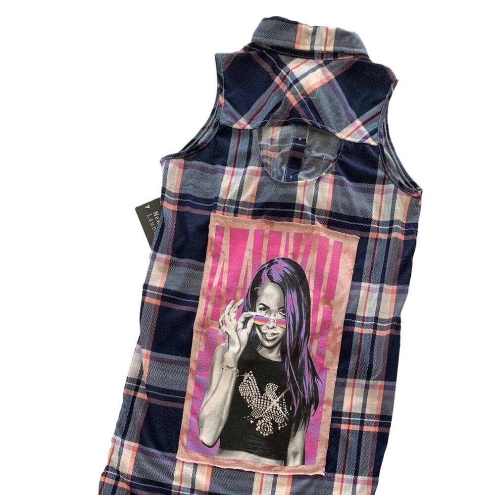 Reworked Apparel Aaliyah Graphic Plaid Button Down Shirt Women's Small Upcycled